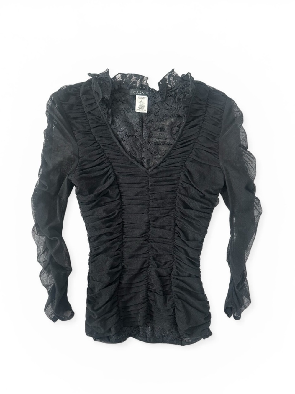VTG 90s Casadei Black Ruched Sheer Lace Long Sleeve Blouse